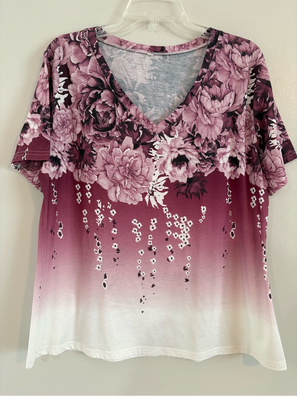 V-Neck Floral Ombre Short Sleeve Top - Mauve Pink